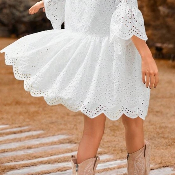 Eyelet Embroidery Flounce Sleeve Ruffle Hem Smock Flattering Dress - Picture 6 of 6